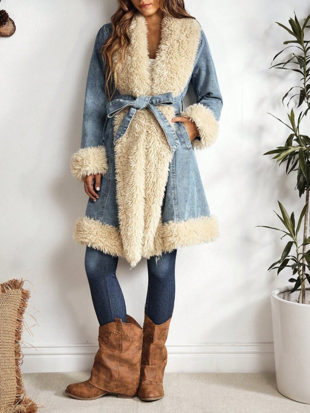 Blue Casual Women's Fuzzy Patchwork Denim Jacket - Picture 6 of 7